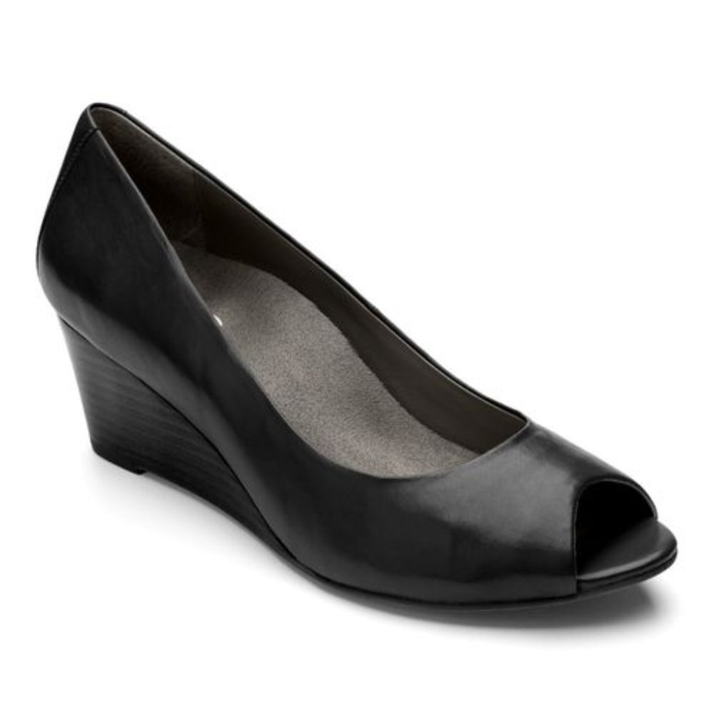 VIONIC 'BRIA' Leather Peep-Toe Wedge Black Sz. 8 N